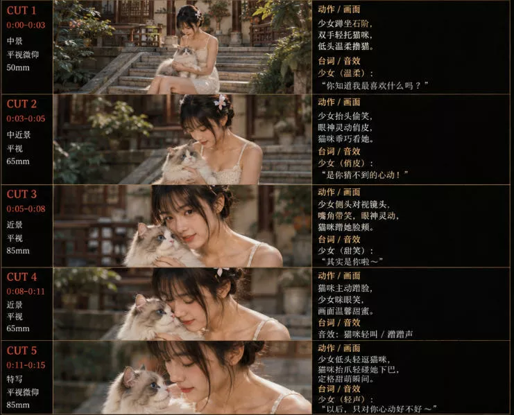 美女和猫故事提示词，人物一致性提示词+故事板