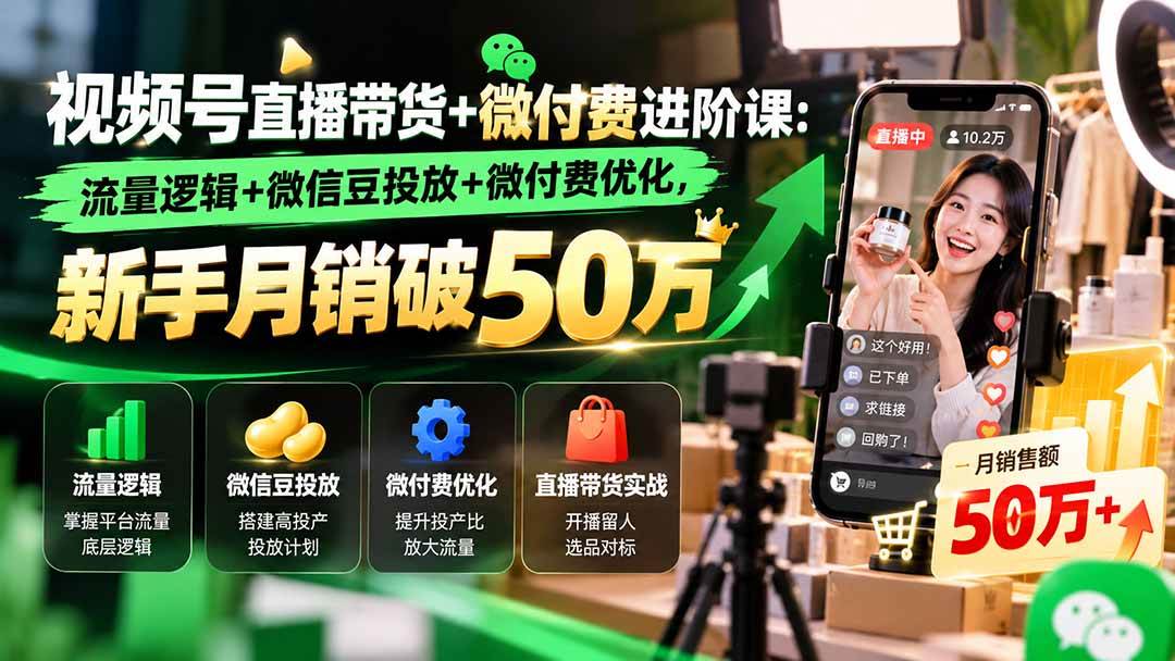 （20886期）视频号直播带货+微付费进阶课-更新1010：流量逻辑+微信豆投放+微付费优化，新手月销破50万-卓越网创