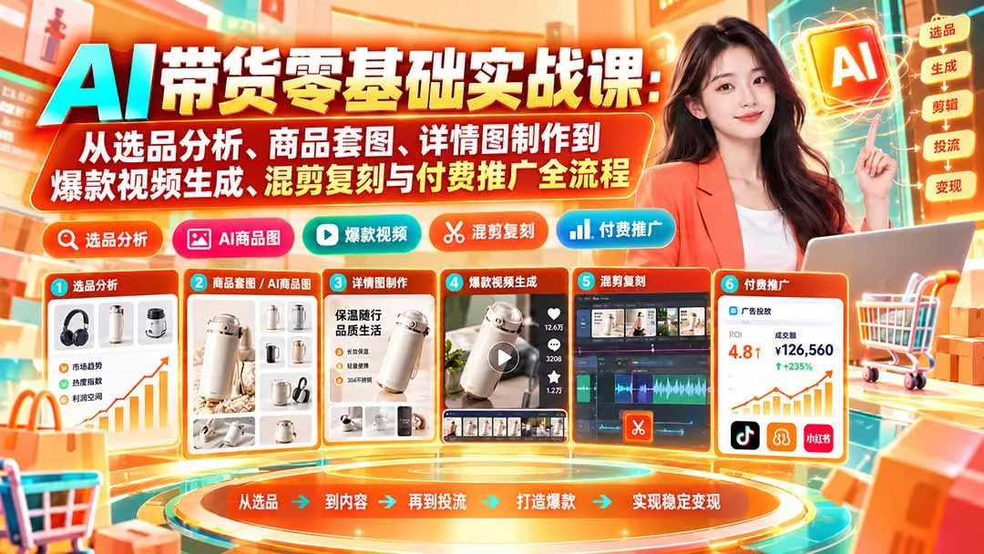 AI带货零基础实战课：从选品分析、商品套图、详情图制作到爆款视频生成、混剪复刻与付费推广全流程-卓越网创