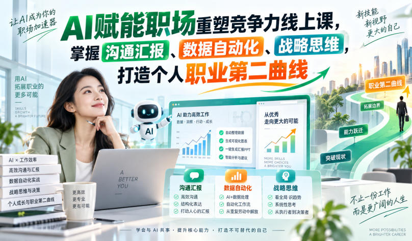 AI赋能职场重塑竞争力线上课,掌握沟通汇报、数据自动化、战略思维,打造个人职业第二曲线-卓越网创