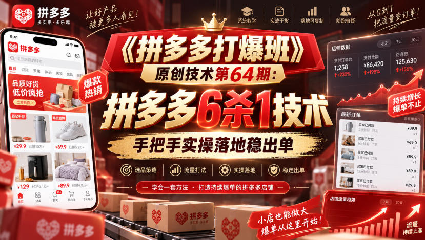 《拼多多打爆班》原创技术第64期：拼多多6杀1技术，手把手实操落地稳出单-卓越网创
