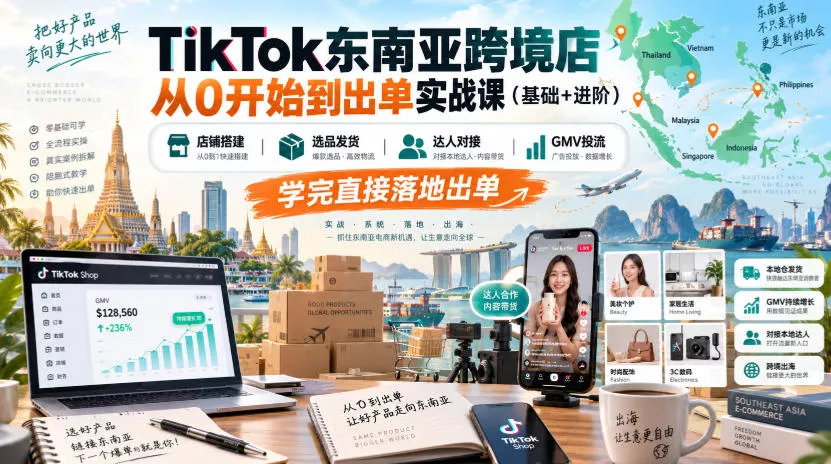 TikTok东南亚跨境店从0开始到出单实战课(基础+进阶),店铺搭建、选品发货、达人对接、GMV投流,学完直接落地出单-卓越网创