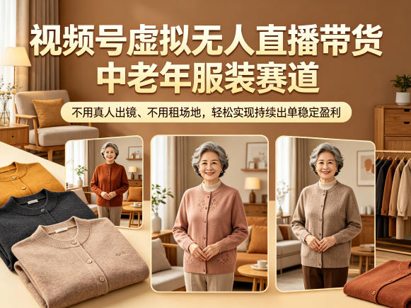 视频号虚拟无人直播带货中老年服装赛道,不用真人出镜、不用租场地,轻松实现持续出单稳定盈利 视频号虚拟无人直播带货中老年服装赛道,不用真人出镜、不用租场地,轻松实现持续出单稳定盈利