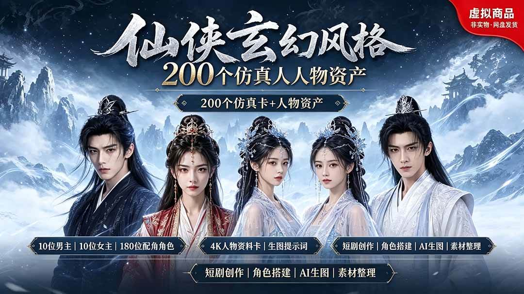 （19301期）200个仙侠玄幻仿真人素材◆10男主×10女主×180配角，4K资料卡+AI生图提示词，漫剧必备-卓越网创