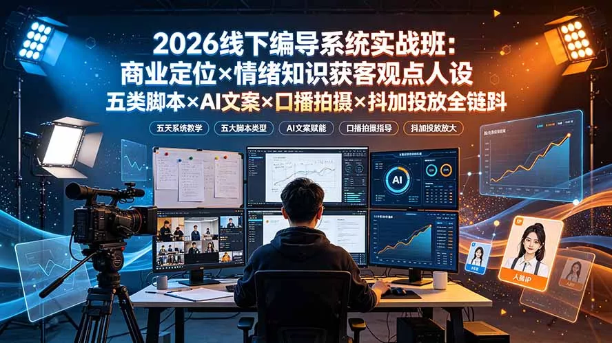 2026线下编导系统实战班:商业定位×情绪知识获客观点人设五类脚本×AI文案×口播拍摄×抖加投放全链路 2026线下编导系统实战班:商业定位×情绪知识获客观点人设五类脚本×AI文案×口播拍摄×抖加投放全链路