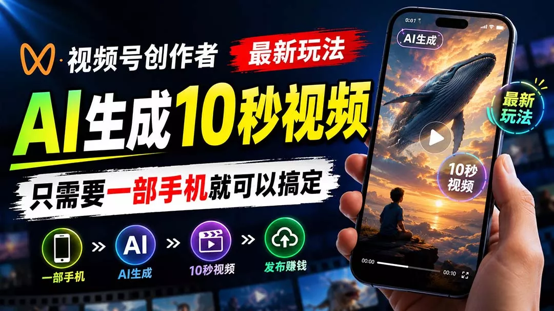 视频号创作者最新玩法,AI生成10秒视频,只需要一部手机就可以搞定-卓越网创