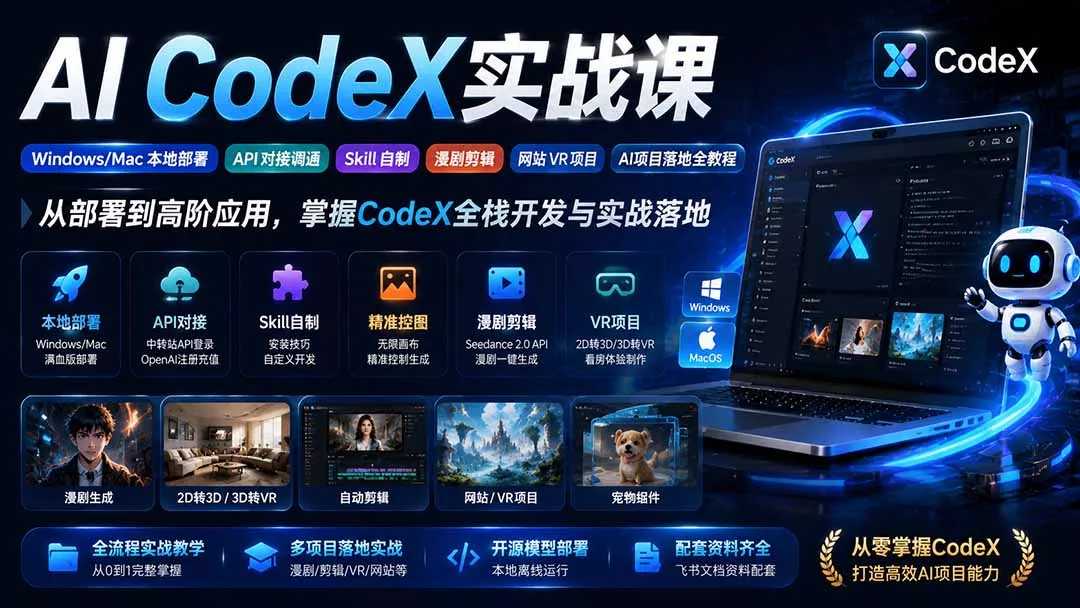 AI CodeX实战课｜Windows/Mac 本地部署｜API 对接调通｜Skill 自制｜漫剧剪辑｜网站 VR 项目｜AI项目落地全教程-卓越网创