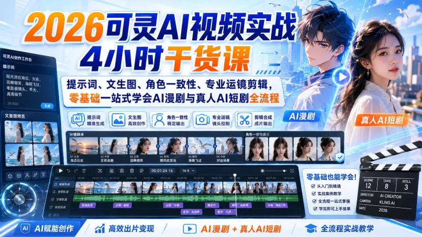 2026可灵AI视频实战4小时干货课｜提示词、文生图、角色一致性、专业运镜剪辑，零基础一站式学会AI漫剧与真人AI短剧全流程-卓越网创