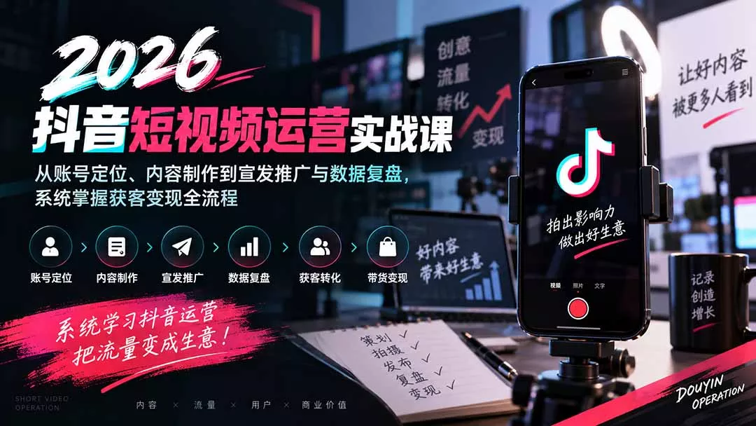 2026抖音短视频运营实战课：从账号定位、内容制作到宣发推广与数据复盘，系统掌握获客变现全流程-卓越网创