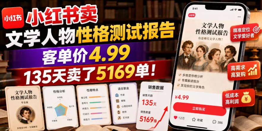 小红书卖文学人物性格测试报告,客单价4.99,135天卖了5169单! 小红书卖文学人物性格测试报告,客单价4.99,135天卖了5169单!