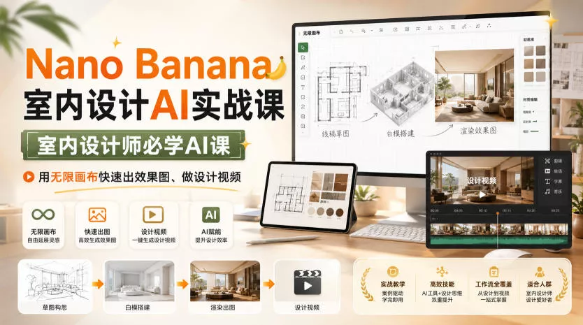 Nano Banana室内设计AI实战课，室内设计师必学AI课，用无限画布快速出效果图、做设计视频-卓越网创