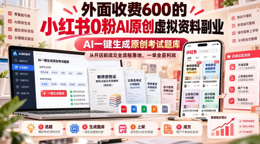 外面收费600的小红书0粉AI原创虚拟资料副业，AI一键生成原创考试题库，从开店到成交全流程落地，一单全是利润-卓越网创