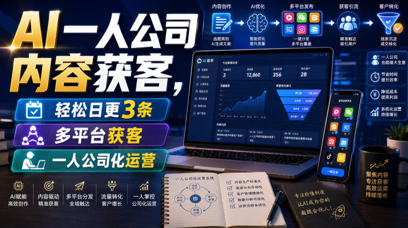 AI一人公司内容获客，轻松日更3条，多平台获客，一人公司化运营（更新）-卓越网创