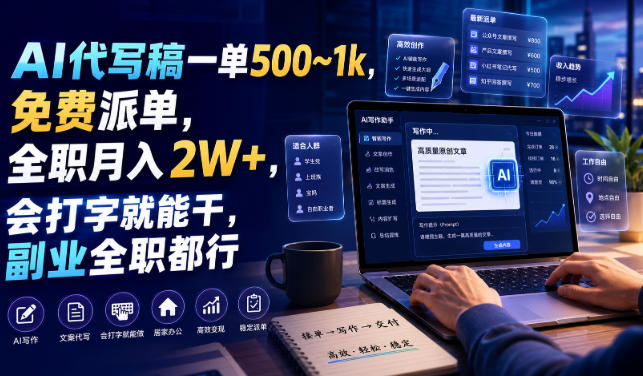 AI代写稿一单500~1k，免费派单，全职月入2W+，会打字就能干，副业全职都行【揭秘】-卓越网创