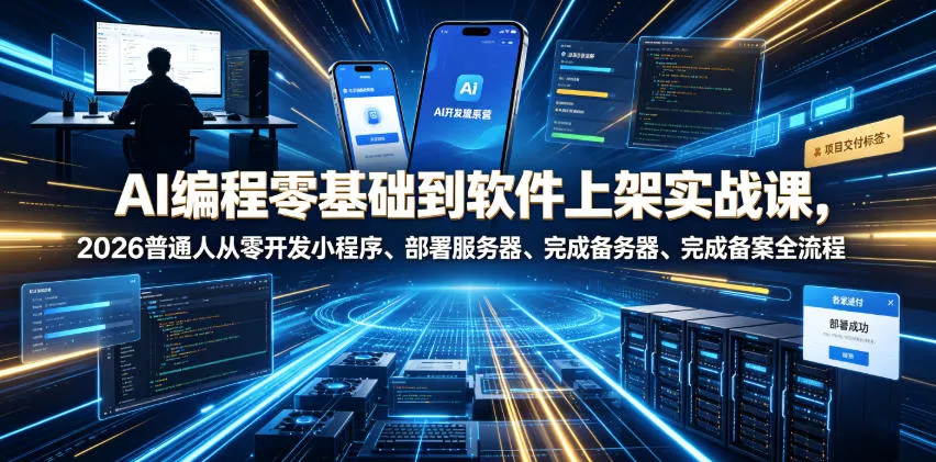 AI编程零基础到软件上架实战课，2026普通人从零开发小程序、部署服务器、完成备案全流程项目落地教程-卓越网创