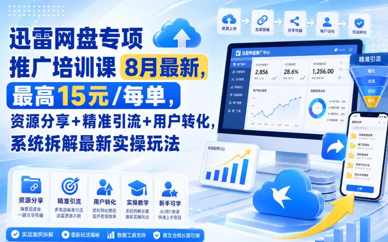 迅雷网盘专项推广培训课8月最新,最高15米/每单,资源分享+精准引流+用户转化,系统拆解最新实操玩法(更新0824) 迅雷网盘专项推广培训课8月最新,最高15米/每单,资源分享+精准引流+用户转化,系统拆解最新实操玩法(更新0824)