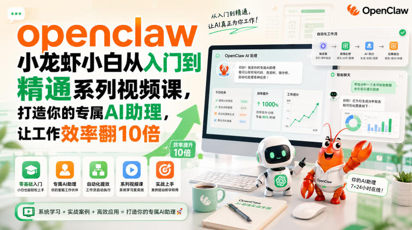 openclaw小龙虾小白从入门到精通系列视频课，打造你的专属AI助理，让工作效率翻10倍-卓越网创
