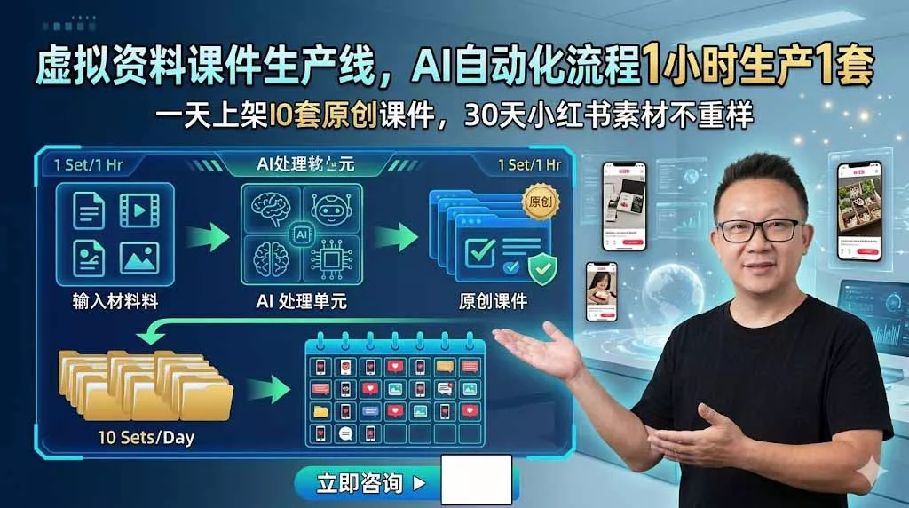 虚拟资料课件生产线,AI自动化流程1小时生产1套,一天上架10套原创课件,30天小红书素材不重样 虚拟资料课件生产线,AI自动化流程1小时生产1套,一天上架10套原创课件,30天小红书素材不重样