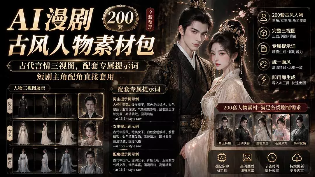 AI漫剧古风人物素材包+提示词|200 套古代言情三视图,配套专属提示词短剧主角配角直接套用-卓越网创