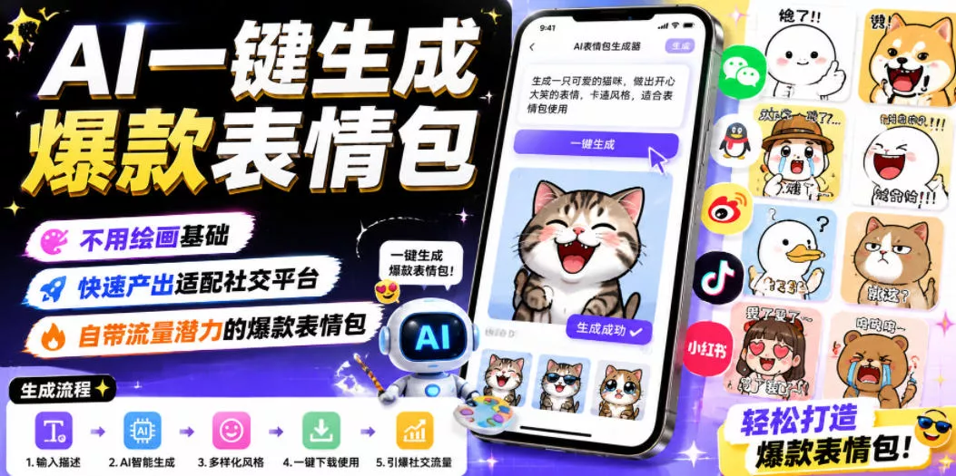 AI一键生成爆款表情包，不用绘画基础，快速产出适配社交平台，自带流量潜力的爆款表情包-卓越网创