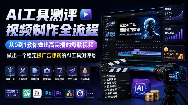 AI工具测评视频制作全流程,从0到1教你做出高完播的爆款视频,做出一个稳定接广告賺钱的AI工具测评号-卓越网创