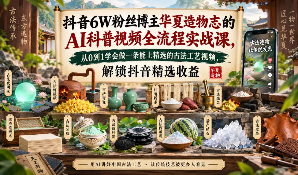 抖音6W粉丝博主华夏造物志的AI科普视频全流程实战课,从0到1学会做一条能上精选的古法工艺视频,解锁抖音精选收益-卓越网创