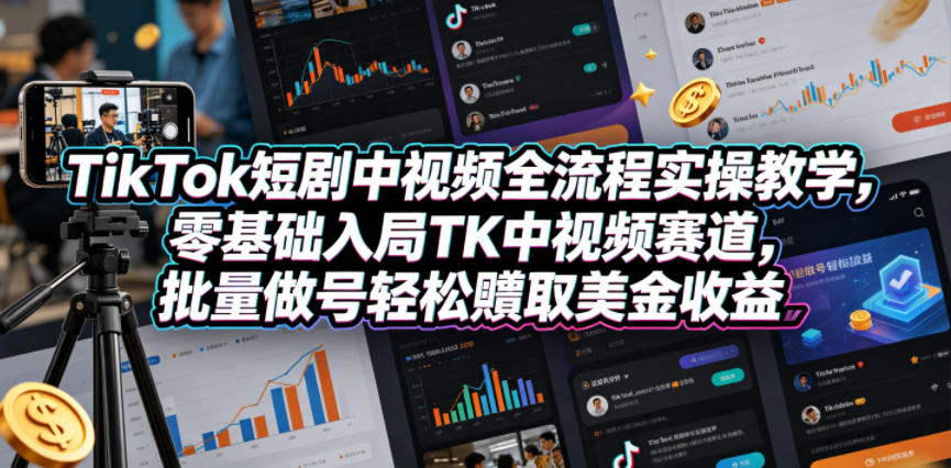 TikTok短剧中视频全流程实操教学,零基础入局TK中视频赛道,批量做号轻松賺取美金收益-卓越网创