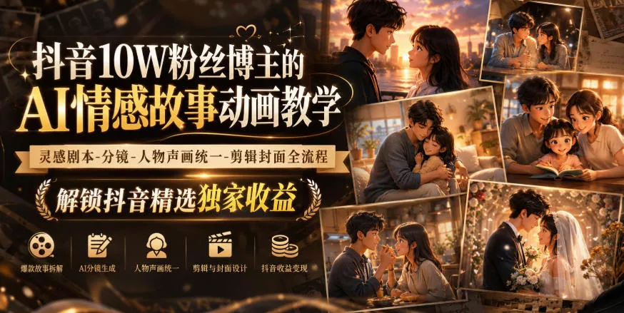 抖音10W粉丝博主的AI情感故事动画教学，灵感剧本‑分镜‑人物声画统一‑剪辑封面全流程，解锁抖音精选独家收益-卓越网创