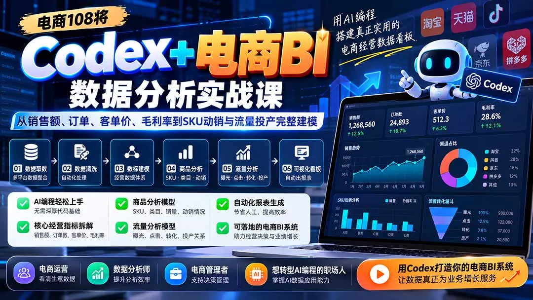 Codex+电商BI数据分析实战课-更新：从销售额、订单、客单价、毛利率到SKU动销与流量投产完整建模-卓越网创