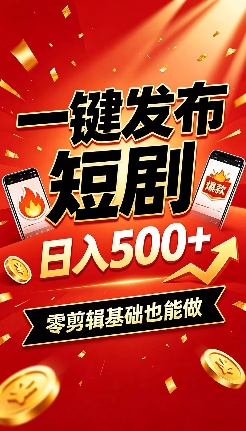快手短剧一键发布,不用剪辑操作简单,副业日入500+。空闲时间轻松赚收益-卓越网创