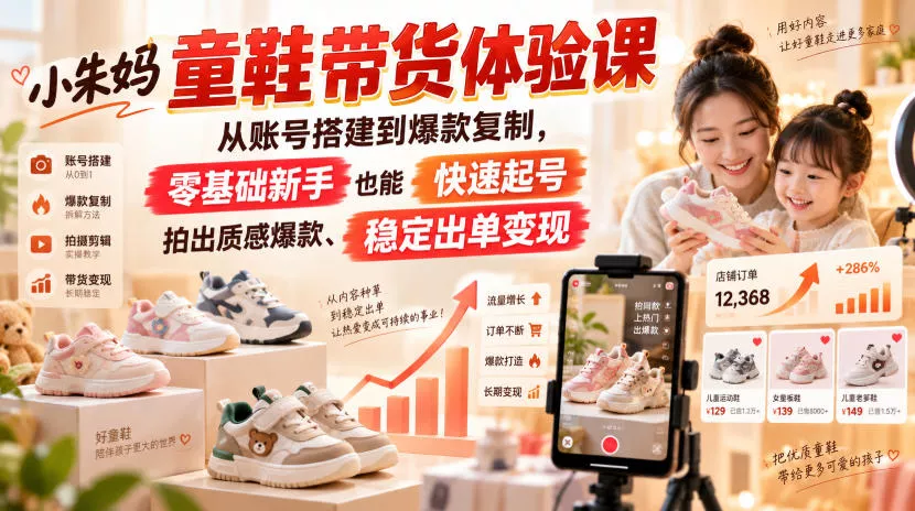 小朱妈童鞋带货体验课，从账号搭建到爆款复制，零基础新手也能快速起号、拍出质感爆款、稳定出单变现-卓越网创
