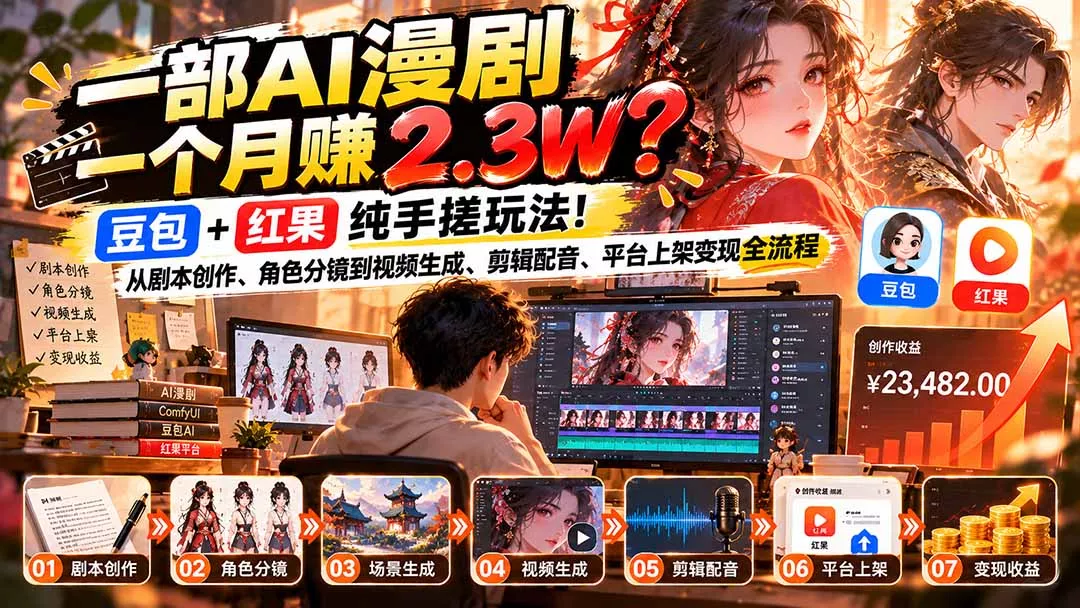 一部AI漫剧一个月赚2.3W？豆包+红果纯手搓玩法！从剧本创作、角色分镜到视频生成、剪辑配音、平台上架变现全流程-卓越网创