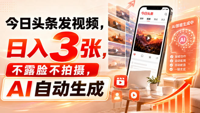 今日头条发视频，日入3张，不露脸不拍摄，AI自动生成-卓越网创