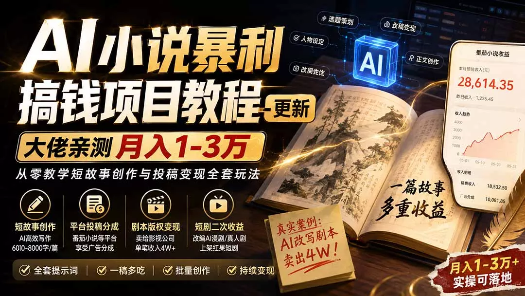 AI小说短故事暴利搞钱项目教程-更新，大佬亲测月入1-3万，从零教学短故事创作与投稿变现全套玩法-卓越网创