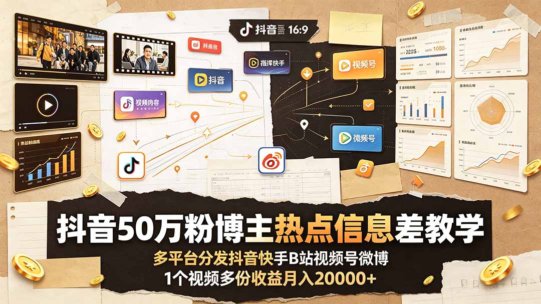 抖音50万粉博主热点信息差教学:多平台分发抖音快手B站视频号微博,1个视频多份收益月入20000+ 抖音50万粉博主热点信息差教学:多平台分发抖音快手B站视频号微博,1个视频多份收益月入20000+