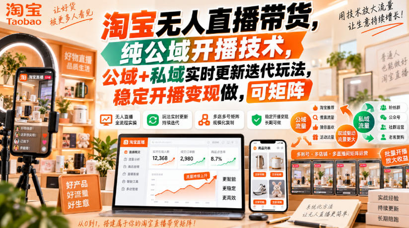 淘宝无人直播带货,纯公域开播技术,公域+私域实时更新迭代玩法,稳定开播变现做,可矩阵【揭秘】-卓越网创