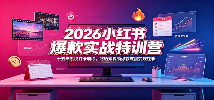 2026小红书爆款实战特训营：十五天系统打卡训练，吃透短视频爆款底层变现逻辑-卓越网创