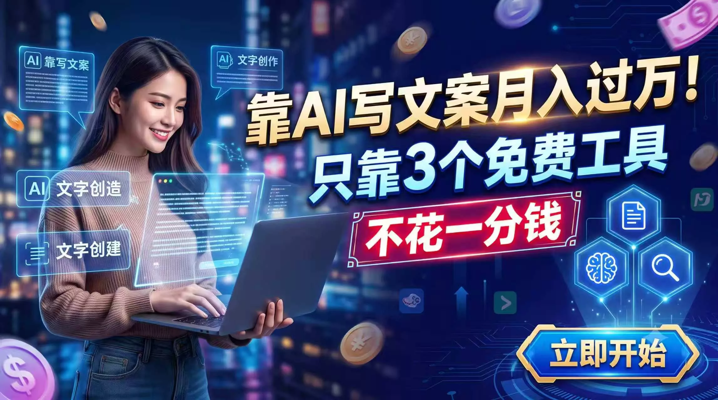 靠AI写文案月入过万，只靠3个免费工具，不花一分钱-卓越网创