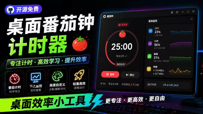 仅1.16MB，开源极简的桌面时钟、番茄钟计时器，还支持系统监控显示，桌面效率小工具Catime-卓越网创