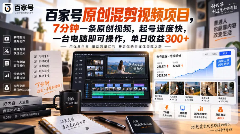 百家号原创混剪视频项目，7分钟一条原创视频，起号速度快，一台电脑即可操作，单日收益300+-卓越网创