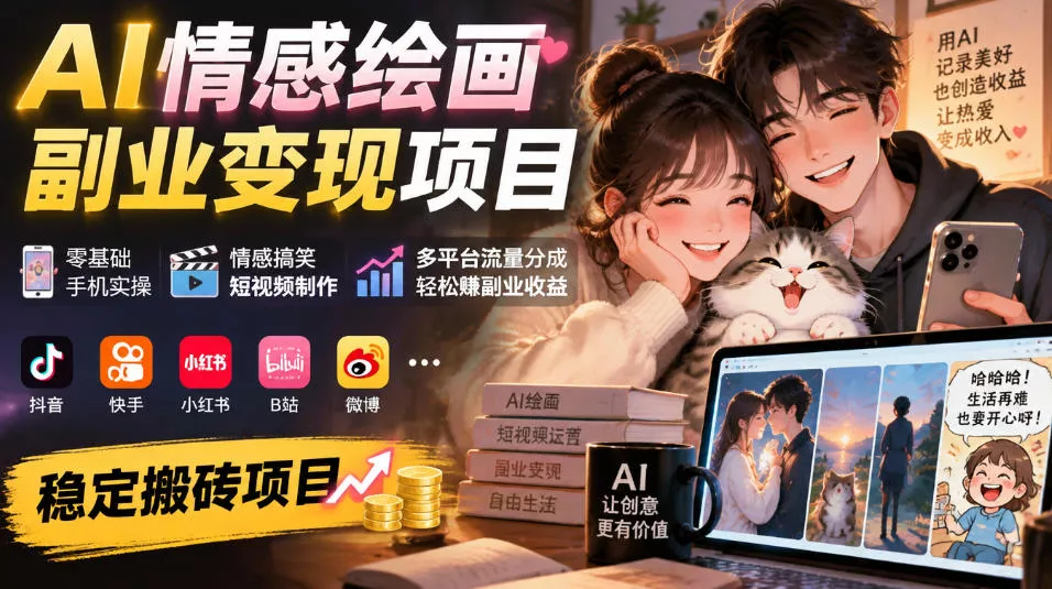 AI情感绘画副业变现项目｜零基础手机实操，情感搞笑短视频制作，多平台流量分成轻松賺副业收益-卓越网创