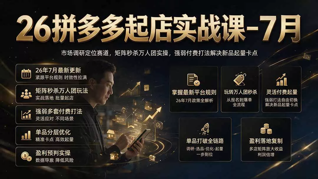 26拼多多起店实战课-7月｜市场调研定位赛道，矩阵秒杀万人团实操，强弱付费打法解决新品起量卡点