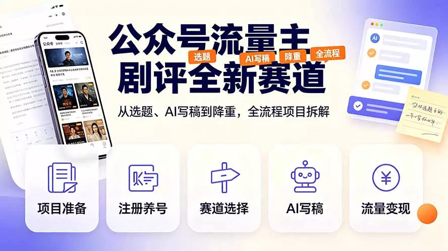 公众号流量主剧评全新赛道，从选题、AI写稿到降重，全流程项目拆解-卓越网创