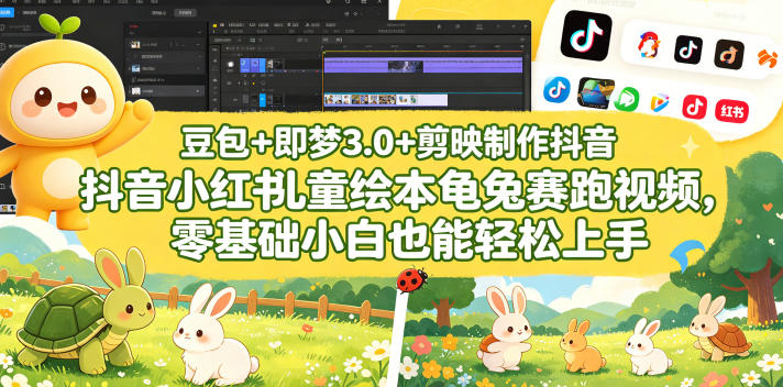 豆包＋即梦3.0+剪映制作抖音小红书儿童绘本龟兔赛跑视频，零基础小白也能轻松上手-卓越网创