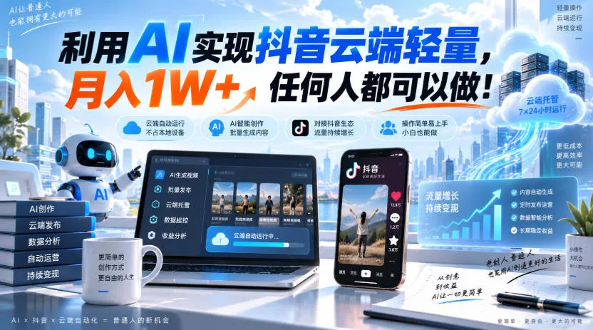 利用AI实现抖音云端轻量，月入1W+，任何人都可以做！【揭秘】-卓越网创