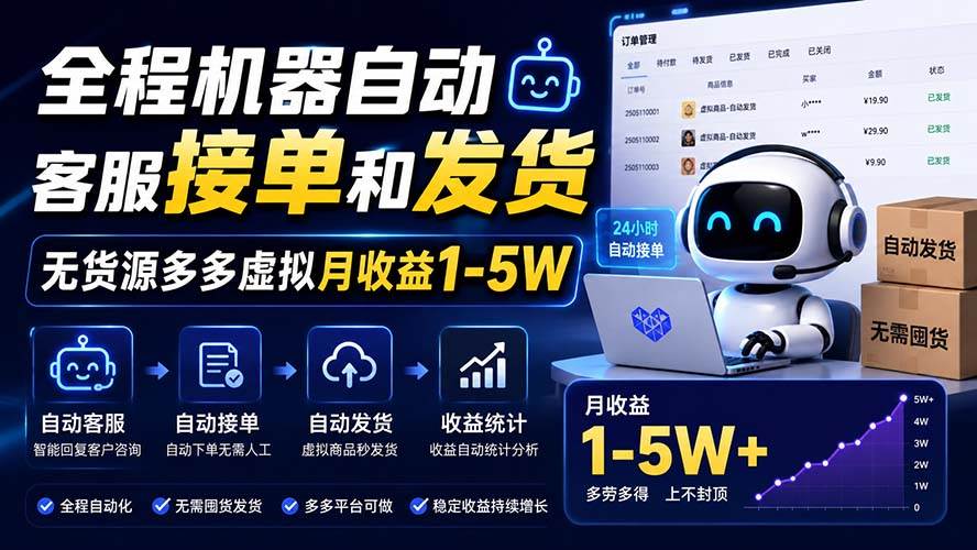 (20119期)全程机器自动客服接单和发货,无货源多多虚拟月收益1-5W-卓越网创
