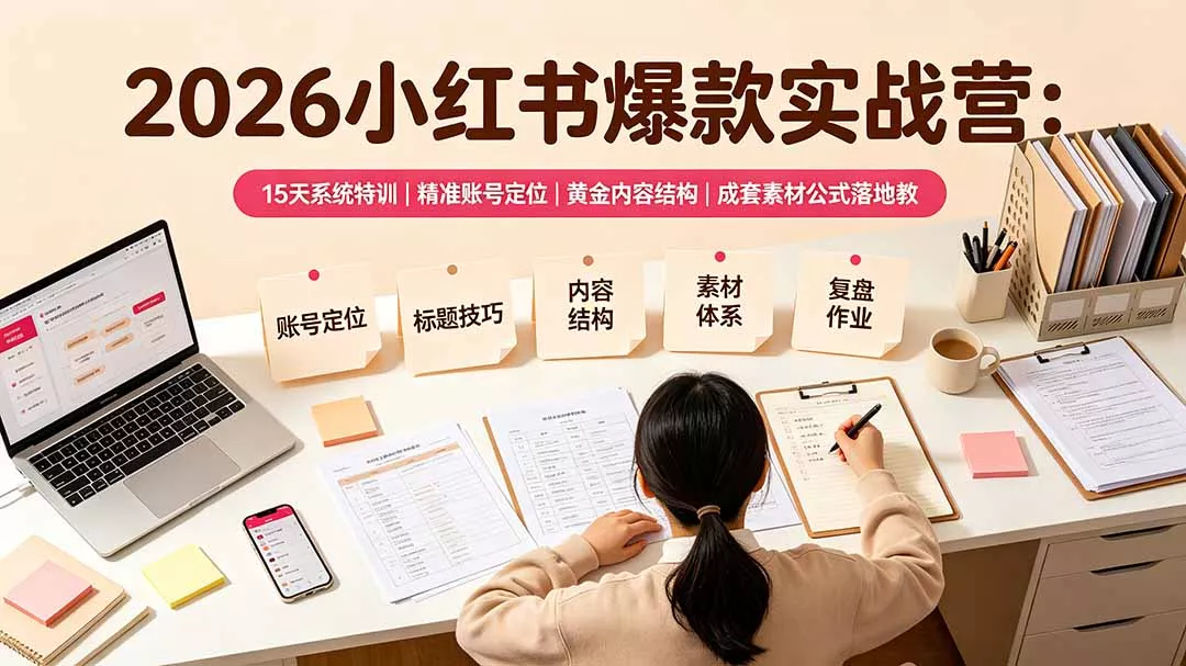 2026小红书爆款实战营：15天系统特训｜精准账号定位｜黄金内容结构｜成套素材公式落地教程-卓越网创