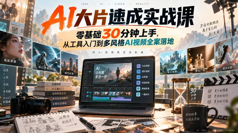 AI大片速成实战课｜零基础30分钟上手，从工具入门到多风格AI视频全案落地-卓越网创