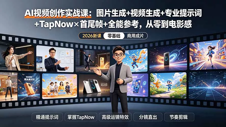 AI视频创作实战课：图片生成+视频生成+专业提示词+TapNow×首尾帧+全能参考，从零到电影感成片-卓越网创