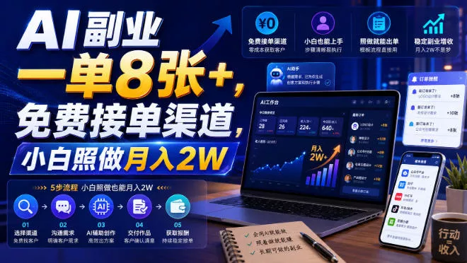 AI副业一单8张+，免费接单渠道，小白照做月入2W【揭秘】-卓越网创
